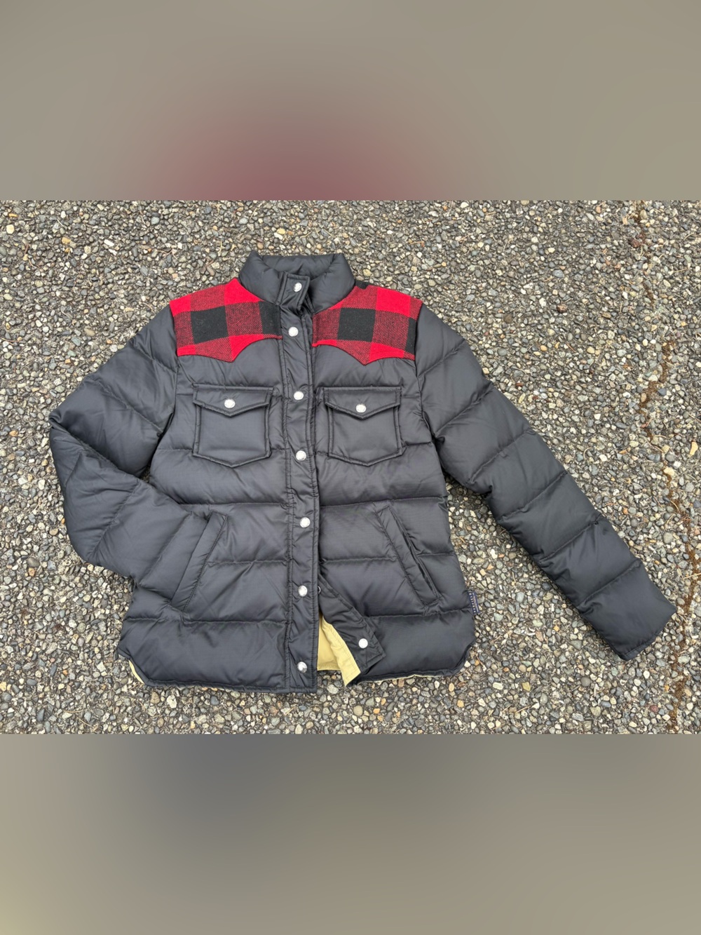 Penfield Black Puffer Jacket with Red Buffalo Plaid Yoke xs